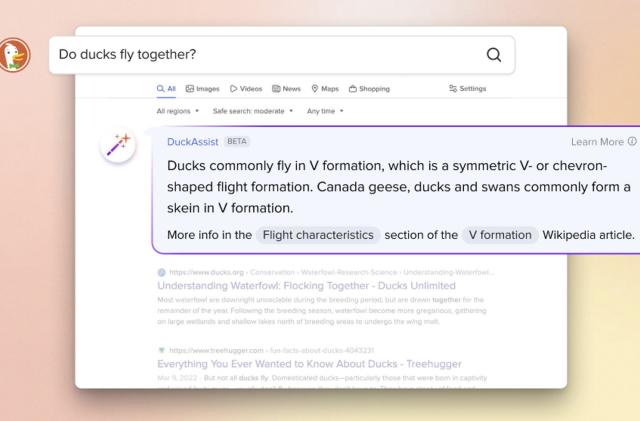 Screenshot of DuckDuckGo's new DuckAssist feature, which can summarize results from Wikipedia. 