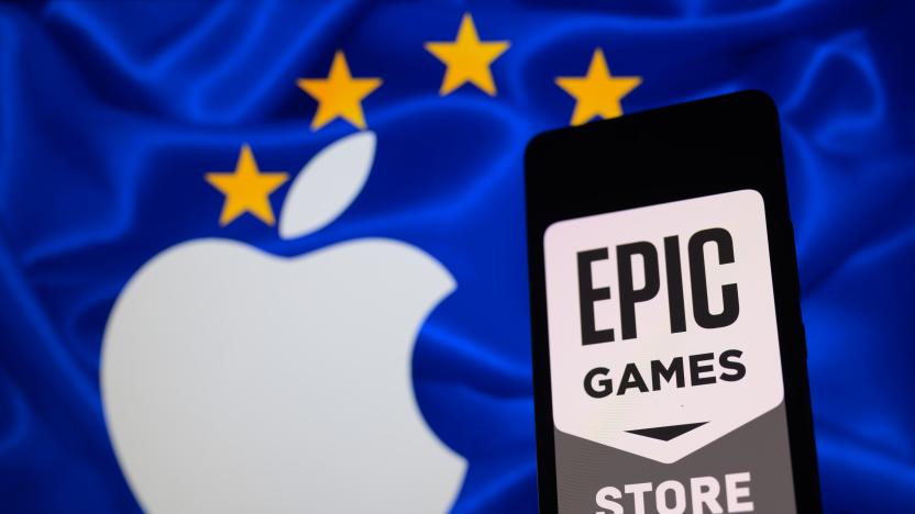 The Epic Games Store logo is being displayed on a smartphone with an Apple logo and an EU flag visible in the background in this photo illustration in Brussels, Belgium, on March 9, 2024. (Photo by Jonathan Raa/NurPhoto via Getty Images)