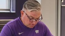 Kansas State baseball coach Pete Hughes talks to reporters after Saturday's loss to BYU