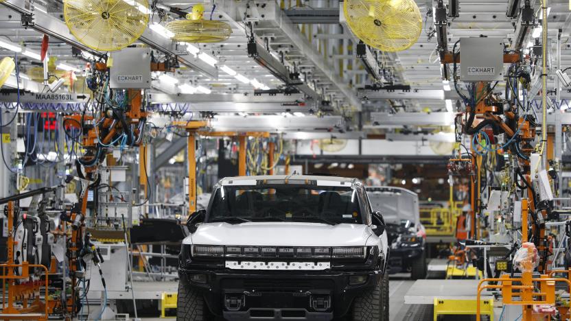DETROIT, MI - AUGUST 05: A GMC Hummer EV truck is shown at General Motors Factory Zero on August 5, 2021 in Detroit, Michigan. Secretary Granholm is touring several manufacturing facilities in southeast Michigan today to help promote the Biden administrations infrastructure proposal. (Photo by Bill Pugliano/Getty Images)