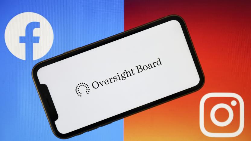 ANKARA, TURKEY - MAY 07: Oversight Board logo is seen on a smart phone with Facebook and Instagram logos at the background in Ankara, Turkey on May 07, 2020. (Photo by Hakan Nural/Anadolu Agency via Getty Images)