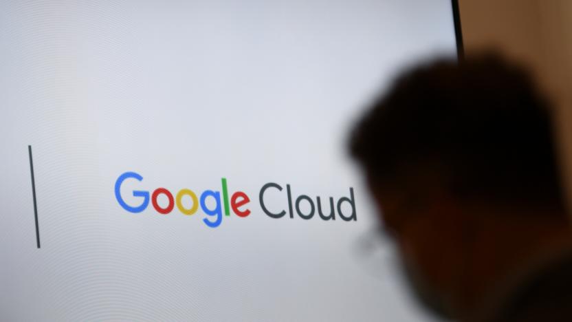 A screen with a Google Cloud logo is pictured during Google's presentation of a detailed investment plan for Germany outside the Google office in Berlin, Germany, August 31, 2021.  REUTERS/Annegret Hilse