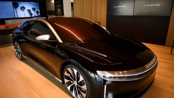 A Lucid Air Grand Touring electric luxury car is displayed at the Lucid Motors Inc. studio and service center on February 25, 2021 in Beverly Hills, California. - The California-based electric vehicle company announced this month that it plans to go public via a merger with a company that values it at $24 billion, with the pure-electric luxury sedan Lucid Air launching in 2021. (Photo by Patrick T. FALLON / AFP) (Photo by PATRICK T. FALLON/AFP via Getty Images)