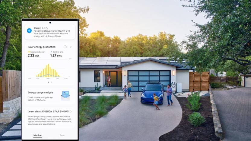 A  promo image showing a home in a cul-de-sac with a phone screen overlaid on the image to promote the partnership of Samsung with Tesla and Hyundai about connecting cars with homes.