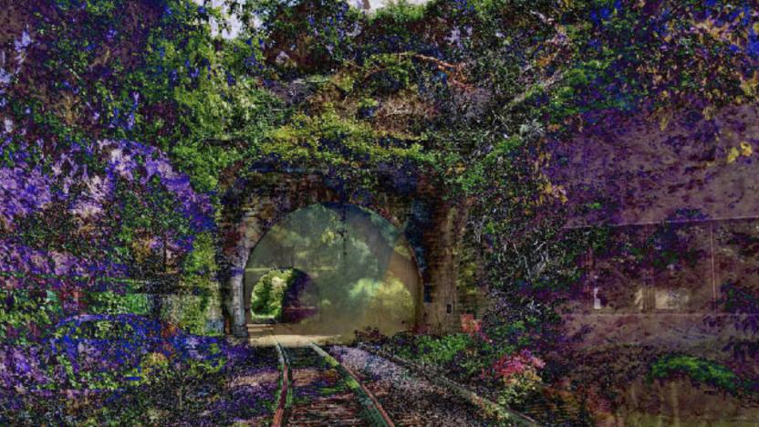 AI artwork entitled "A Recent Entrance to Paradise" which depicts a verdant train-track and tunnel entrance, overgrown with lilac and green foliage.