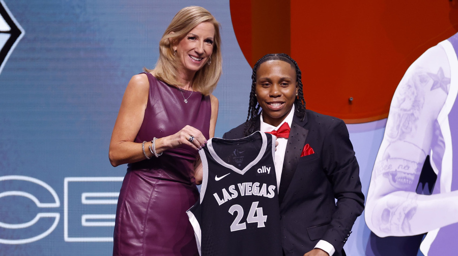 Getty Images - NEW YORK, NEW YORK - APRIL 15: Dyaisha Fair poses with WNBA Commissioner Cathy Engelbert after being selected 16th overall pick by the Las Vegas Aces during the 2024 WNBA Draft at Brooklyn Academy of Music on April 15, 2024 in New York City. (Photo by Sarah Stier/Getty Images)