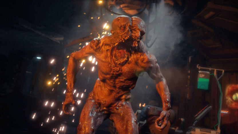 A still image from the survival horror game 'The Callisto Protocol' showing a disfigured creature with a bisected double head, lurching toward the camera.