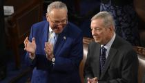 US Senate Majority Leader Chuck Schumer (D-NY) and US Senator Dick Durbin (D-IL) (R) speak prior to an address by Israeli President Isaac Herzog, during a Joint Meeting of Congress in the House Chamber of the US Capitol in Washington, DC, on July 19, 2023. (Photo by ANDREW CABALLERO-REYNOLDS / AFP) (Photo by ANDREW CABALLERO-REYNOLDS/AFP via Getty Images)