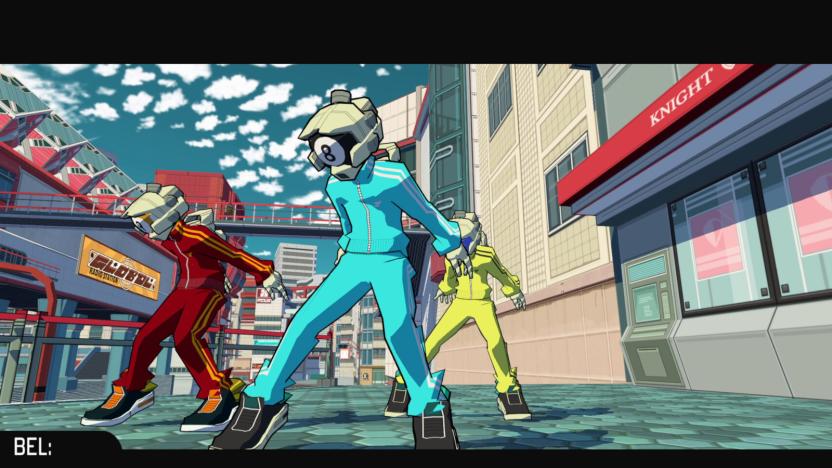 A screenshot of Bomb Rush Cyberfunk. Three animated characters wearing tracksuits in blue, red and neon green posing against a city backdrop. 