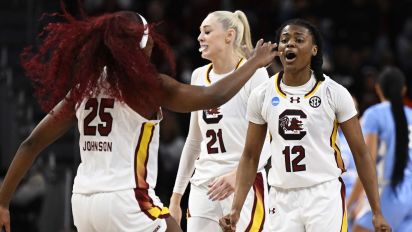 Getty Images - COLUMBIA, SOUTH CAROLINA - MARCH 24: MiLaysia Fulwiley #12 and Raven Johnson #25 of the South Carolina Gamecocks celebrate against the North Carolina Tar Heels in the first quarter during the second round of the NCAA Women’s Basketball Tournament at Colonial Life Arena on March 24, 2024 in Columbia, South Carolina. (Photo by Eakin Howard/Getty Images)