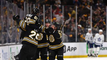 Getty Images - BOSTON, MASSACHUSETTS - MAY 04: David Pastrnak #88 of the Boston Bruins celebrates with his teammates after scoring the game winning goal against the Toronto Maple Leafs during overtime in Game Seven of the First Round of the 2024 Stanley Cup Playoffs at TD Garden on May 04, 2024 in Boston, Massachusetts. (Photo by Maddie Meyer/Getty Images)