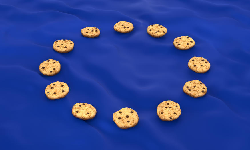 European Union ePrivacy Directive Cookies on blue background illustrating EU flag