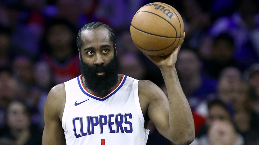 Getty Images - PHILADELPHIA, PENNSYLVANIA - MARCH 27: James Harden #1 of the LA Clippers looks on during the second quarter against the Philadelphia 76ers at the Wells Fargo Center on March 27, 2024 in Philadelphia, Pennsylvania. NOTE TO USER: User expressly acknowledges and agrees that, by downloading and or using this photograph, User is consenting to the terms and conditions of the Getty Images License Agreement. (Photo by Tim Nwachukwu/Getty Images)