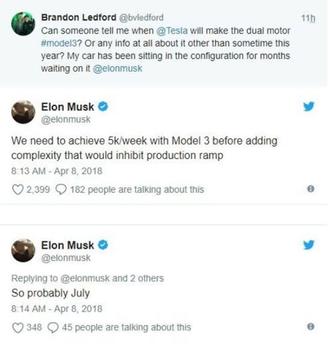 Tesla執行長Elon Musk在Twitter貼文中透露，Tesla Model 3雙馬達與高性能版預計在7月開始生產