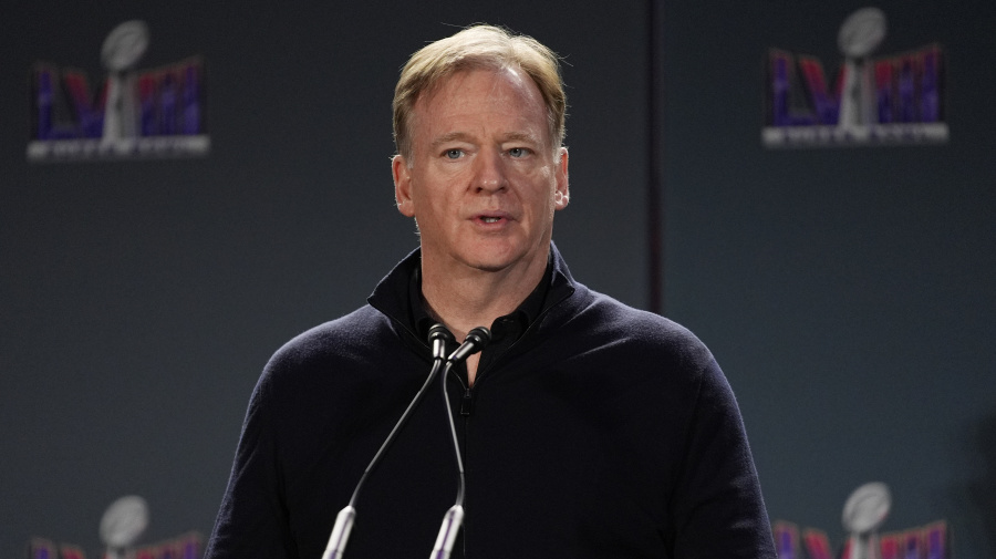 Associated Press - NFL commissioner is Roger Goodell speaks during a news conference following the Super Bowl 58 NFL football game Monday, Feb. 12, 2024, in Las Vegas. (AP Photo/John Locher)