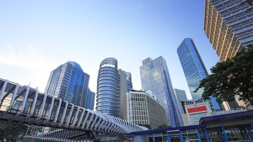 A futuristic bridge and high rise buildings in Jakarta business district.