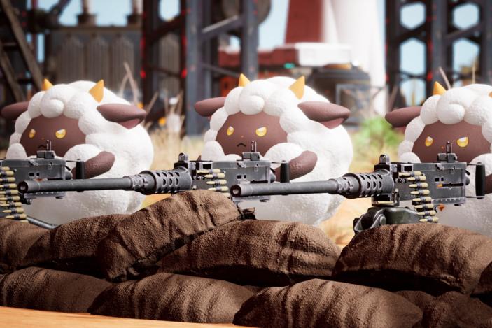 Computer-generated cartoon sheep with machine guns.