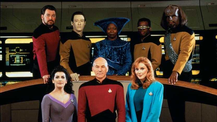 Promotional portrait of the cast of 'Star Trek: The Next Generation,' California, 1987. Pictured are from left, front row, British-American actress Marina Sirtis (as Counselor Deanna Troi), British actor Patrick Stewart (as Captain Jean-Luc Picard), and American actress Gates McFadden (as Doctor Beverly Crusher); from left, back row, American actors Jonathan Frakes (as Commander William T. Riker), Brent Spiner (as Lieutenant Commander Data), Whoopi Goldberg (as Guinan), LeVar Burton (as Lieutenant Commander Geordi La Forge), and Michael Dorn (as Lieutenant Worf). (Photo by CBS Photo Archive/Getty Images)