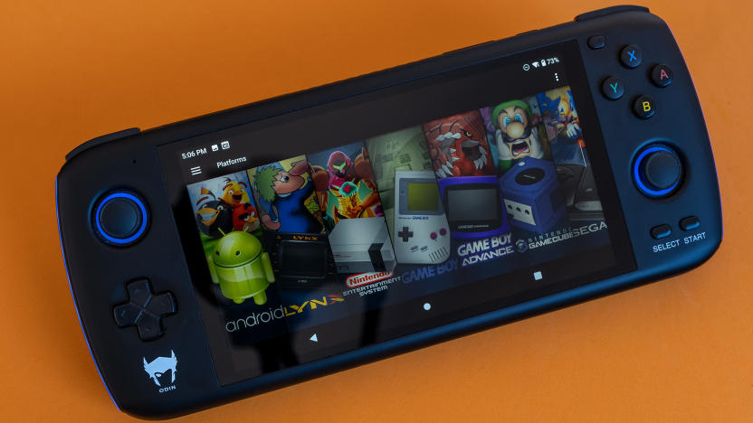 The Odin retro handheld by Ayn is pictured with Launchbox retro game launcher on screen.