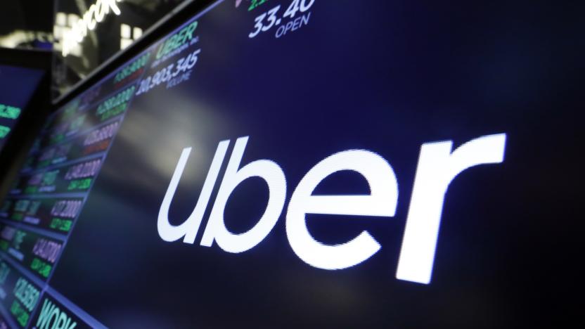 The logo for Uber appears above a trading post on the floor of the New York Stock Exchange, Aug. 16, 2019. The ride-hailing and delivery company said Wednesday, Oct. 4, 2023, that its drivers will collect up to five prepaid and sealed packages and drop them off at a local post office or at UPS or FedEx stores. Uber will charge a flat fee of $5 for the service or $3 for its Uber One members. (AP Photo/Richard Drew, File)