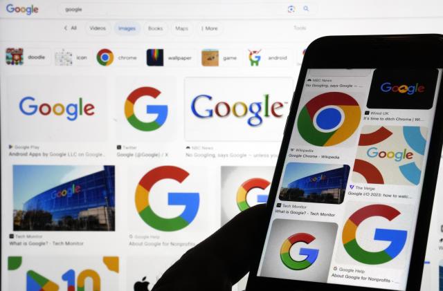 FILE - Google logos are shown when searched on Google in New York, Sept. 11, 2023. Google said Thursday, Feb. 22, 2024, it’s temporarily stopping its Gemini artificial intelligence chatbot from generating images of people a day after apologizing for “inaccuracies” in historical depictions that it was creating.(AP Photo/Richard Drew, File)