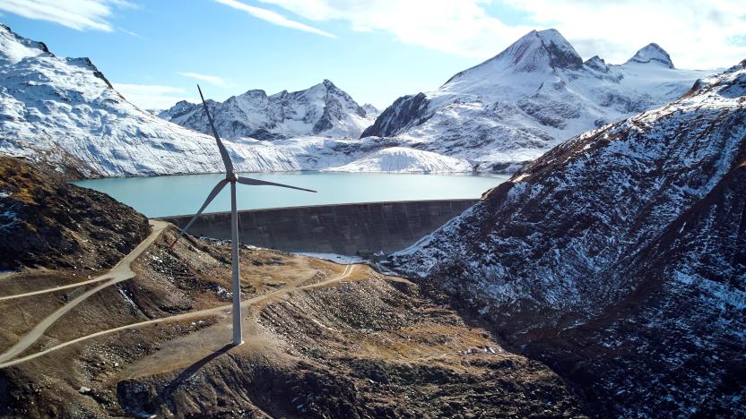 A windmill is pictured in front of the Gries lake at SwissWinds farm, Europe's highest wind farm at 2500m, near the Nufenen Pass in Gries, Switzerland, October 25, 2021. Picture taken with a drone. REUTERS/Denis Balibouse