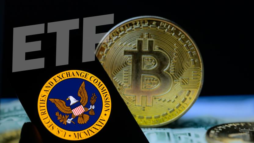 The seal of the U.S. Securities and Exchange Commission is being displayed on a smartphone, with Bitcoin visible on the screen in the background, in this photo illustration taken in Brussels, Belgium, on January 9, 2024. (Photo Illustration by Jonathan Raa/NurPhoto via Getty Images)