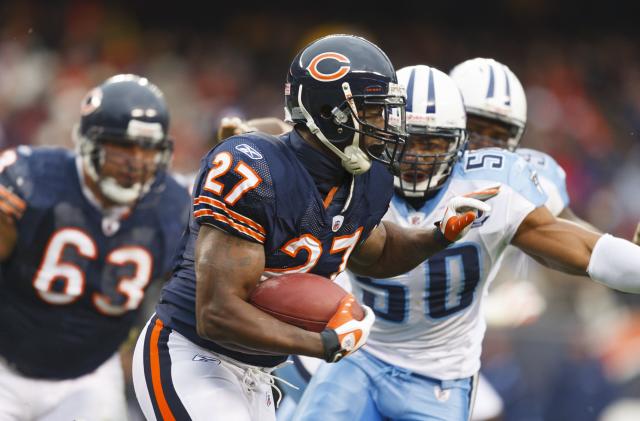 Nov 9, 2008; Chicago, IL, USA; Chicago Bears running back Kevin Jones (27) runs the ball during the game against the Tennessee Titans at Soldier Field.  The Titans defeated the Bears 21-14.  Mandatory Credit: Jeff Hanisch-USA TODAY Sports