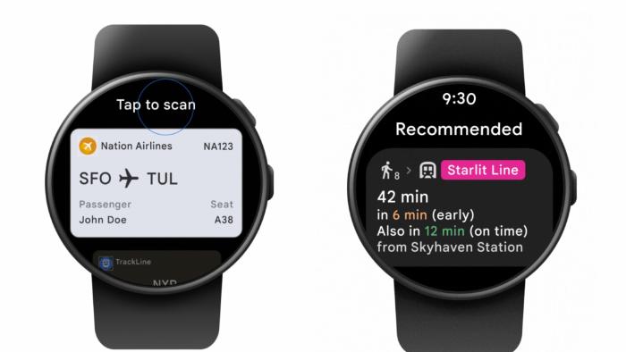 Side by side renderings of a Wear OS watch show a boarding pass on a watch, and train departure times