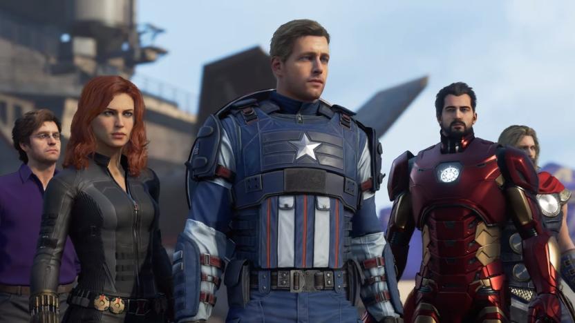 A screenshot from Marvel's Avengers, showing Black Widow, Captain America, Thor and Iron Man standing in front of carrier.