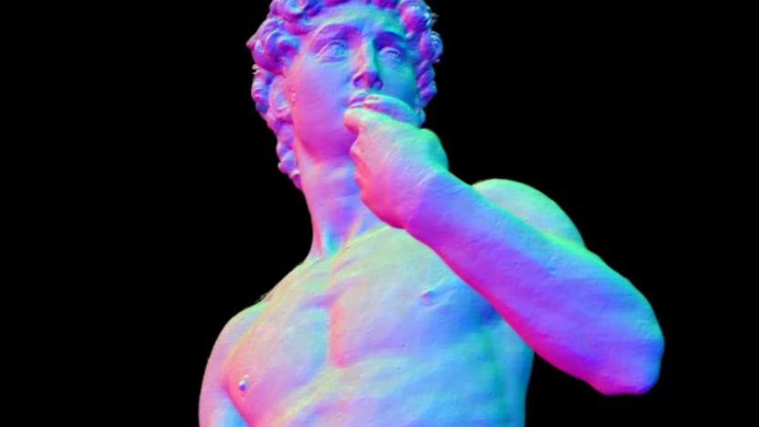 A photo of Michaelangelo's David sculpture as rendered in 3D by NVIDIA's Neuralangelo. The 3D render hast a reddish purple tint with a black background,