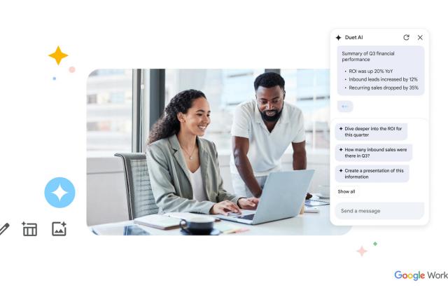 Google Duet AI key art, showing two people looking at a laptop. A screenshot shows the Duet AI chatbot interface.