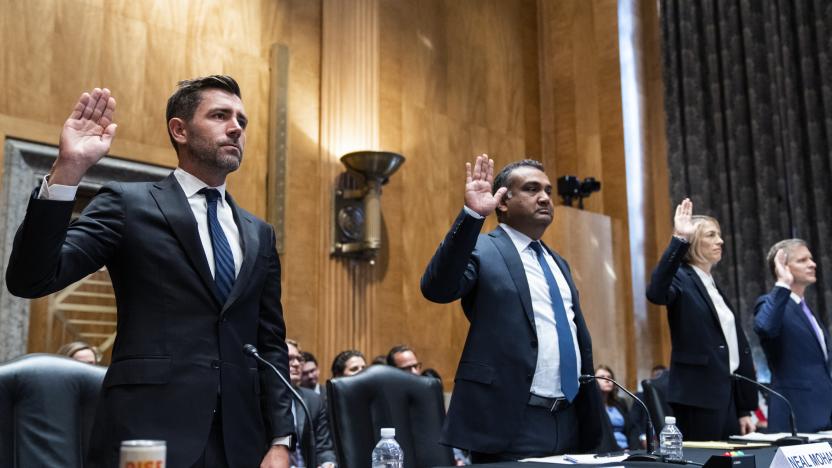 UNITED STATES - SEPTEMBER 14: From left, Chris Cox, chief product officer for Meta, Neal Mohan, chief product officer for YouTube, Vanessa Pappas, chief operating officer for TikTok, and Jay Sullivan, general manager of Bluebird Twitter, are sown in during the Senate Homeland Security and Governmental Affairs Committee hearing titled Social Medias Impact on Homeland Security, in Dirksen Building on Wednesday, September 14, 2022. (Tom Williams/CQ-Roll Call, Inc via Getty Images)