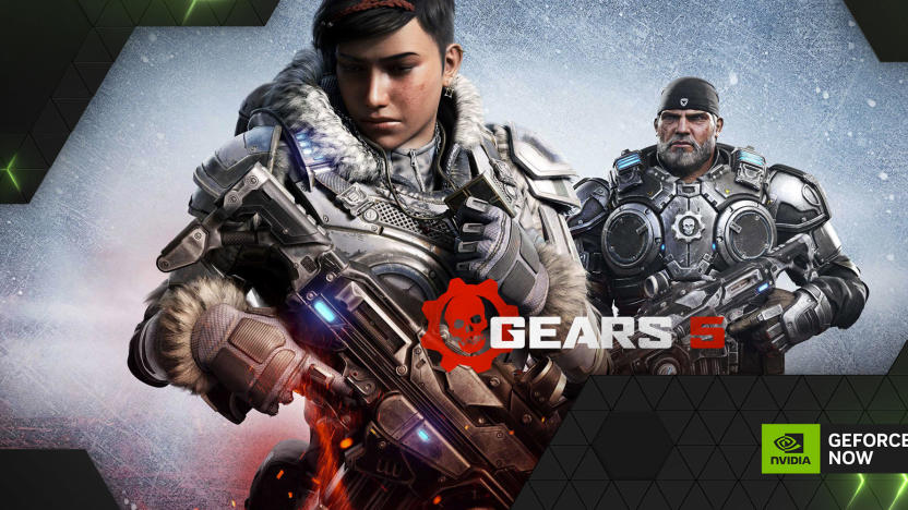 Art from 'Gears 5', which has now dropped 'Of' and 'War' from its title, with the GeForce Now watermark.