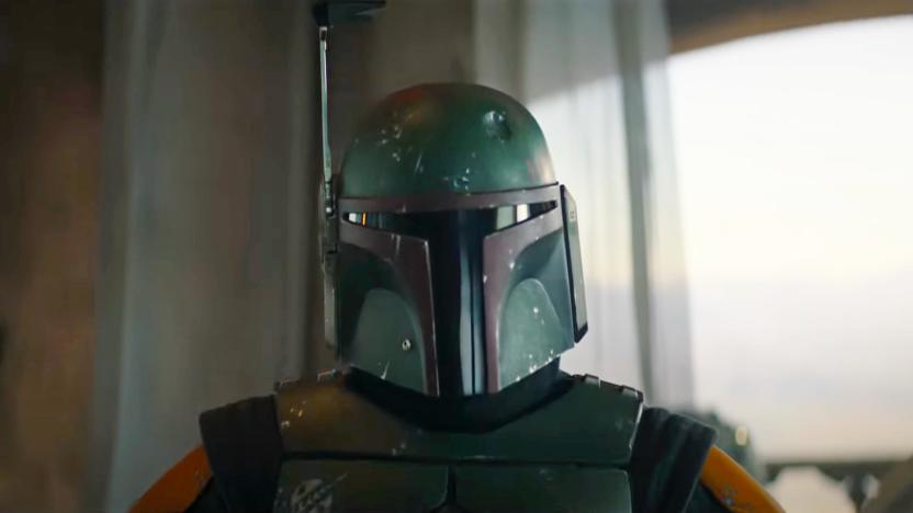 A still image of the helmeted Boba Fett from the upcoming series "The Book of Boba Fett".