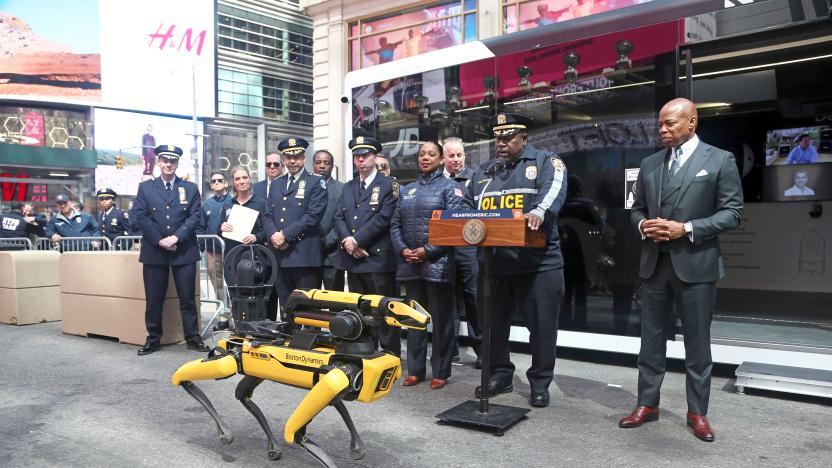 NEW YORK, NY - April 11: New York City Mayor Eric Adams joins New York City Police Commissioner Keechant Sewell, New York City Police Chief of Department, Jeffery Maddrey, along with New York City Police Department First Deputy Edward Caban and other NYPD Executives in formerly rolling out the StarChase GPS attachment system, the K5 Autonomous Security Robot and Spot, the DigiDog Robot as tools in the fight against crime on April 11, 2023 in Times Square section of New York City. 