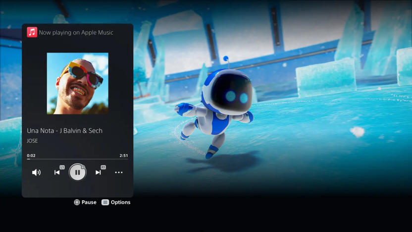 A screenshot showing an Apple Music playback tab on PlayStation 5 while the user is playing Astro's Playroom. 