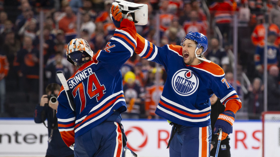 Getty Images - EDMONTON, CANADA - MAY 1: Goaltender Stuart Skinner #74 and Vincent Desharnais #73 of the Edmonton Oilers celebrate a 4-3 victory against the Los Angeles Kings during the third period in Game Five of the First Round of the 2024 Stanley Cup Playoffs at Rogers Place on May 1, 2024, in Edmonton, Canada.  (Photo by Codie McLachlan/Getty Images)