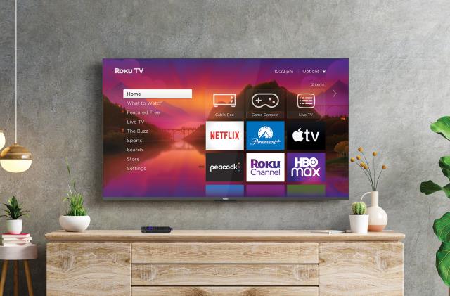 Roku TV mounted on a wall in a living room