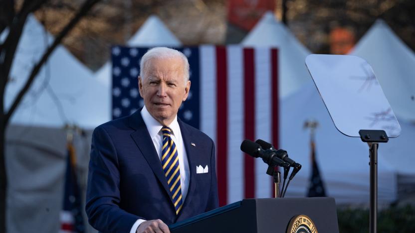 ATLANTA, GA - JANUARY 11:  U.S. President Joe Biden speaks to a crowd at the Atlanta University Center Consortium, part of both Morehouse College and Clark Atlanta University on January 11, 2022 in Atlanta, Georgia. Biden and Vice President Kamala Harris delivered remarks on voting rights legislation. Georgia has been a focus point for voting legislation after the state voted Democratic for the first time in almost 30 years in the 2020 election. As a result, the Georgia House passed House Bill 531 to limit voting hours, drop boxes, and require a government ID when voting by mail. (Photo by Megan Varner/Getty Images)