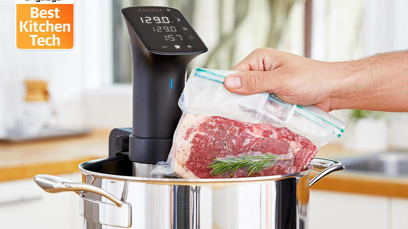 A hand drops a vacuum sealed bag with steak into a pot with an Anova Precision Cooker sous vide, along with the Engadget Best Kitchen Tech badge in the top left corner.