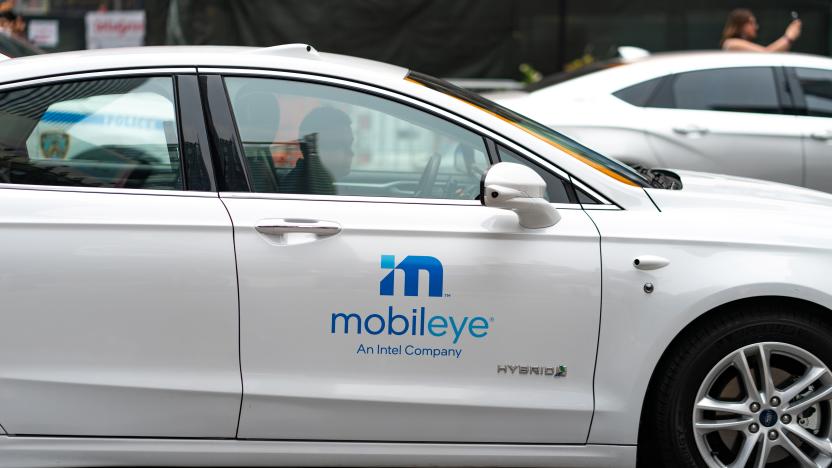 Mobileye driverless car logo is seen on a vehicle at the Nasdaq Market site in New York, U.S., July 20, 2021. REUTERS/Jeenah Moon