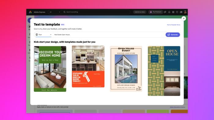 Adobe Express screenshot showing a featured that can generate a template for a graphic based on a text prompt. A request to create a flyer for "Real Estate Open House" led to the generative AI creating four template options.