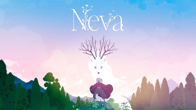 Promotional art for the game Neva showing a woman with a sword standing in front of a white wolf who has branch-like horns