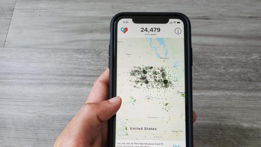 The Care19 mobile app, which the governors of North Dakota and South Dakota have asked residents to download to assist in contact tracing during the global outbreak of the coronavirus disease (COVID-19), is seen on a phone, U.S. April 24, 2020. REUTERS/Paresh Dave