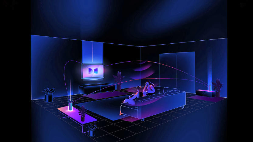 A living room scene with a black background and purple wire framing show how the new Dolby Atmos FlexConnect connects wireless surround speakers through the TV.
