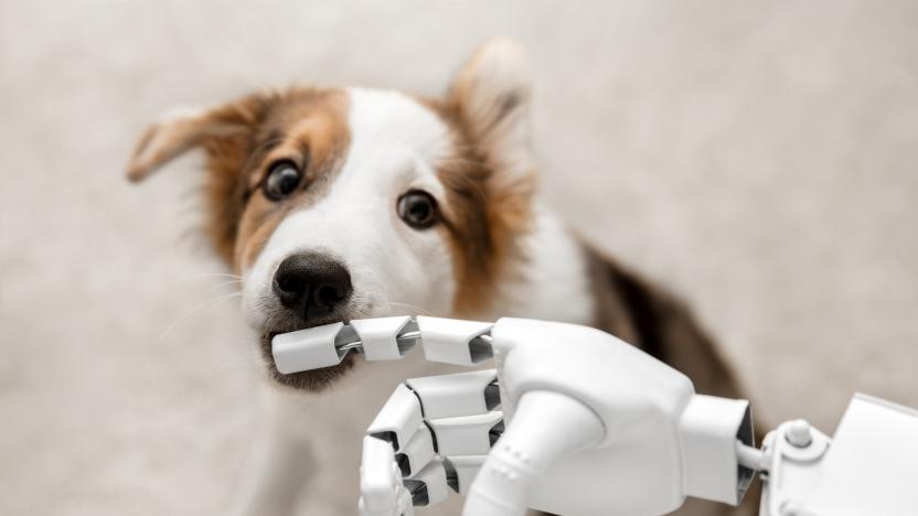 Man and Machine Robot Hand Handshake as Tech Concept