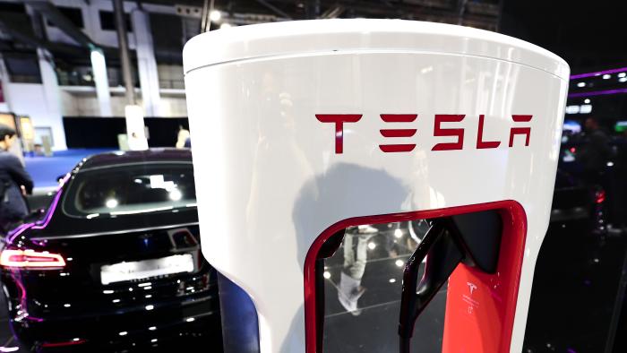 BARCELONA, SPAIN - May 19: A Tesla Supercharger, a 480-volt direct current fast-charging technology by the American multinational automotive and clean energy company that manufactures all-electric vehicles, exhibited on their stand during the Automobile Barcelona International Motor Show on May 19, 2023, in Barcelona, Spain. (Photo by Joan Cros/NurPhoto via Getty Images)