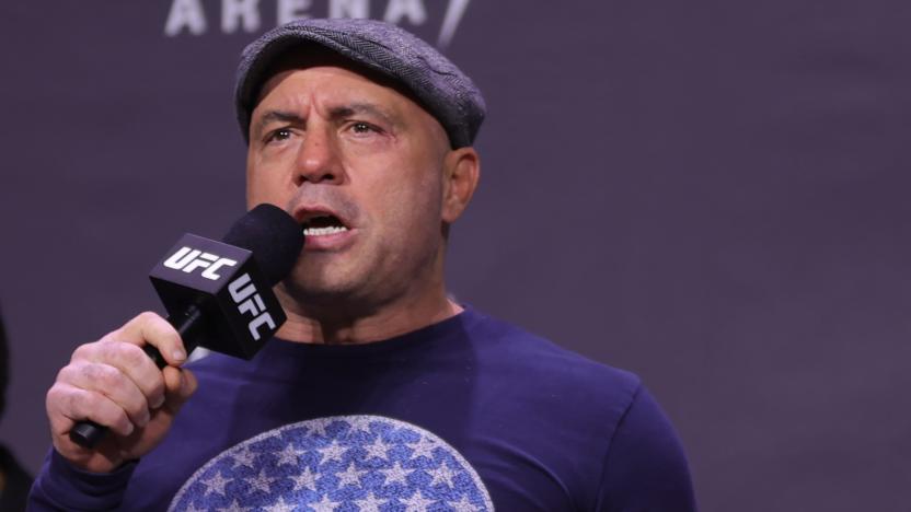 LAS VEGAS, NEVADA - DECEMBER 10: Joe Rogan introduces fighters during the UFC 269 ceremonial weigh-in  at MGM Grand Garden Arena on December 10, 2021 in Las Vegas, Nevada. (Photo by Carmen Mandato/Getty Images)