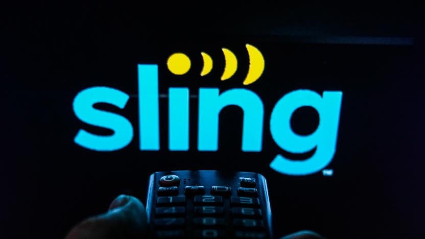 TV remote control is seen with Sling logo displayed on a screen in this illustration photo taken in Krakow, Poland on February 6, 2022. (Photo by Jakub Porzycki/NurPhoto via Getty Images)